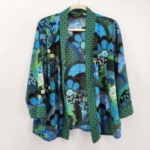 Bob Mackie Wearable Art Kimono Cardigan Blue Green Floral Geometric Print Size S